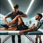 Sports massage therapist stretching client’s leg during dynamic mobility technique on massage table in Olympia WA