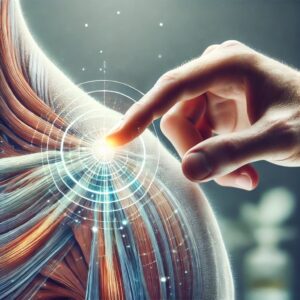 Digital image of finger pressing a muscle trigger point with artistic layers of human anatomy and fascia, used in massage therapy in Olympia WA