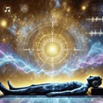 Digital representation of relaxed client on vibroacoustic therapy table with floating mental imagery symbolizing meditative state during sound healing in Olympia WA