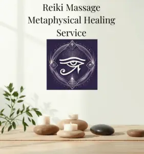 Calming holistic wellness setting with Reiki, massage, and energy healing elements, representing Reiki Massage Metaphysical Healing Service in Olympia, WA