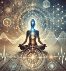 Digital collage showing a person seated in lotus position with glowing hands, surrounded by chakra symbols, sound waves, and cosmic geometry, set against a blended background of forest and abstract energy patterns — representing holistic healing practices including massage, Reiki, and sound healing.