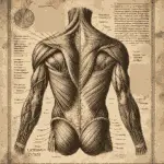 Rear anatomical view of the upper human torso in vintage medical illustration style, showing muscles of the back, shoulders, and neck.