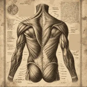 Rear anatomical view of the upper human torso in vintage medical illustration style, showing muscles of the back, shoulders, and neck.