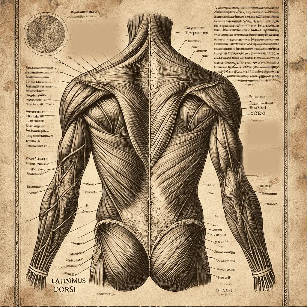Rear anatomical view of the upper human torso in vintage medical illustration style, showing muscles of the back, shoulders, and neck.