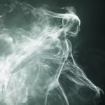 Silhouette of person walking with soul or energy trailing behind and dissolving into smoke, symbolizing emotional fatigue, energetic imbalance, and the need for healing