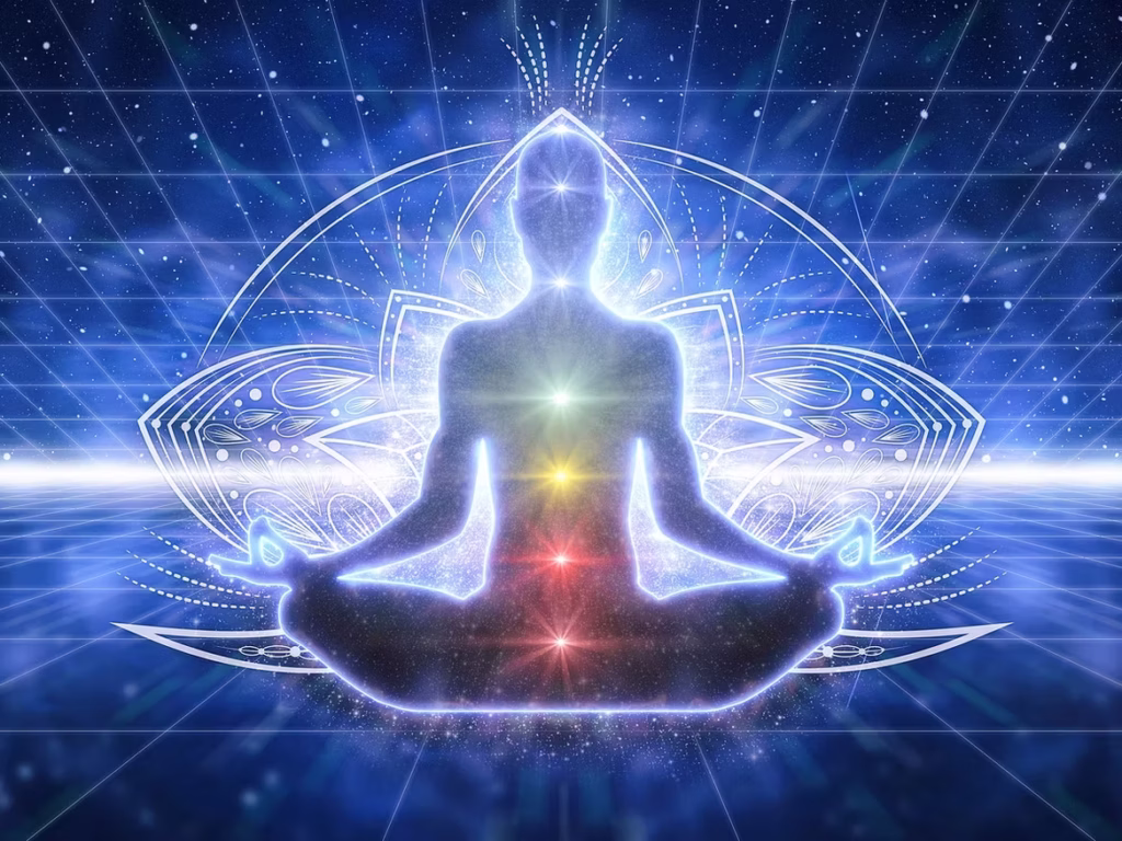 Digital silhouette of person in lotus pose with glowing chakras representing energy alignment and Reiki healing in Olympia WA