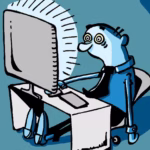 Cartoon of tired man at computer desk showing effects of prolonged sitting and screen time, ideal for massage therapy awareness