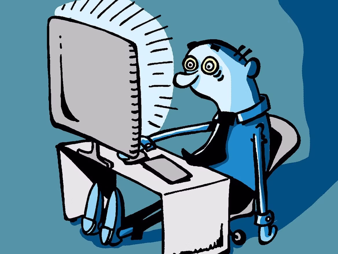 Cartoon of tired man at computer desk showing effects of prolonged sitting and screen time, ideal for massage therapy awareness