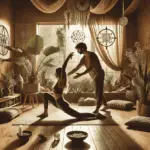 A massage therapist supporting a client in a low lunge dynamic stretch inside an earthy, spiritually inspired wellness studio with natural light, indoor plants, sacred symbols, and healing decor elements like crystals and herbs.