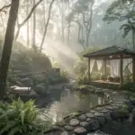 Soft morning light through ancient forest over a serene reflective pool and natural stone path leading to an open massage pavilion, evoking healing and peace.