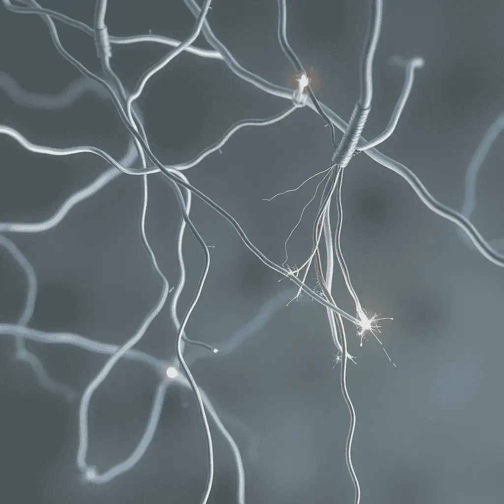 "Frayed glowing electrical wires symbolizing nerve damage and disrupted pain signals in fibromyalgia patients."
