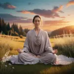 Digital illustration of a woman sitting in lotus position in a tranquil field, embodying grounding, relaxation, and mindful self-care in Olympia, WA
