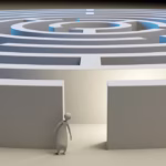 Man standing in front of labyrinth representing the journey through misinformation and myths about massage therapy