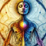 Digital image of a woman with arms outstretched, surrounded by glowing energy lines representing polarity therapy energy paths.