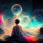 Man seated before swirling cosmic energy and forming universes, representing quantum healing hypnosis and subconscious exploration