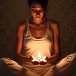 Woman meditating with candle in hands, representing focused intention and spiritual connection in distance energy healing