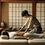 Shiatsu massage therapist pressing on a client's back in a serene Japanese room with tatami mats and soft natural lighting.