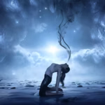 Silhouette of woman kneeling with smoke or energy drifting from her mouth, representing emotional release and somatic healing therapy