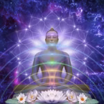 Man meditating in lotus position surrounded by lotus flowers, representing the spiritual aspects of massage and energy healing practices