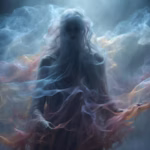 Ethereal female spirit in robes, symbolizing spiritual entity attachment, energetic interference, and the need for spiritual clearing