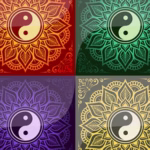 Pattern of chakra-colored bricks with Yin-Yang symbols, symbolizing Qi energy, chakra balance, and duality in energy healing practices