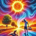 A person in summer attire wiping sweat from their brow under a bright sun, while a dog rests in the shade nearby; heat waves shimmer off the road, capturing the intense warmth of a summer day.
