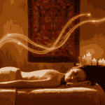 Woman receiving an aromatherapy massage with artistic scent trails symbolizing therapeutic aroma in motion.