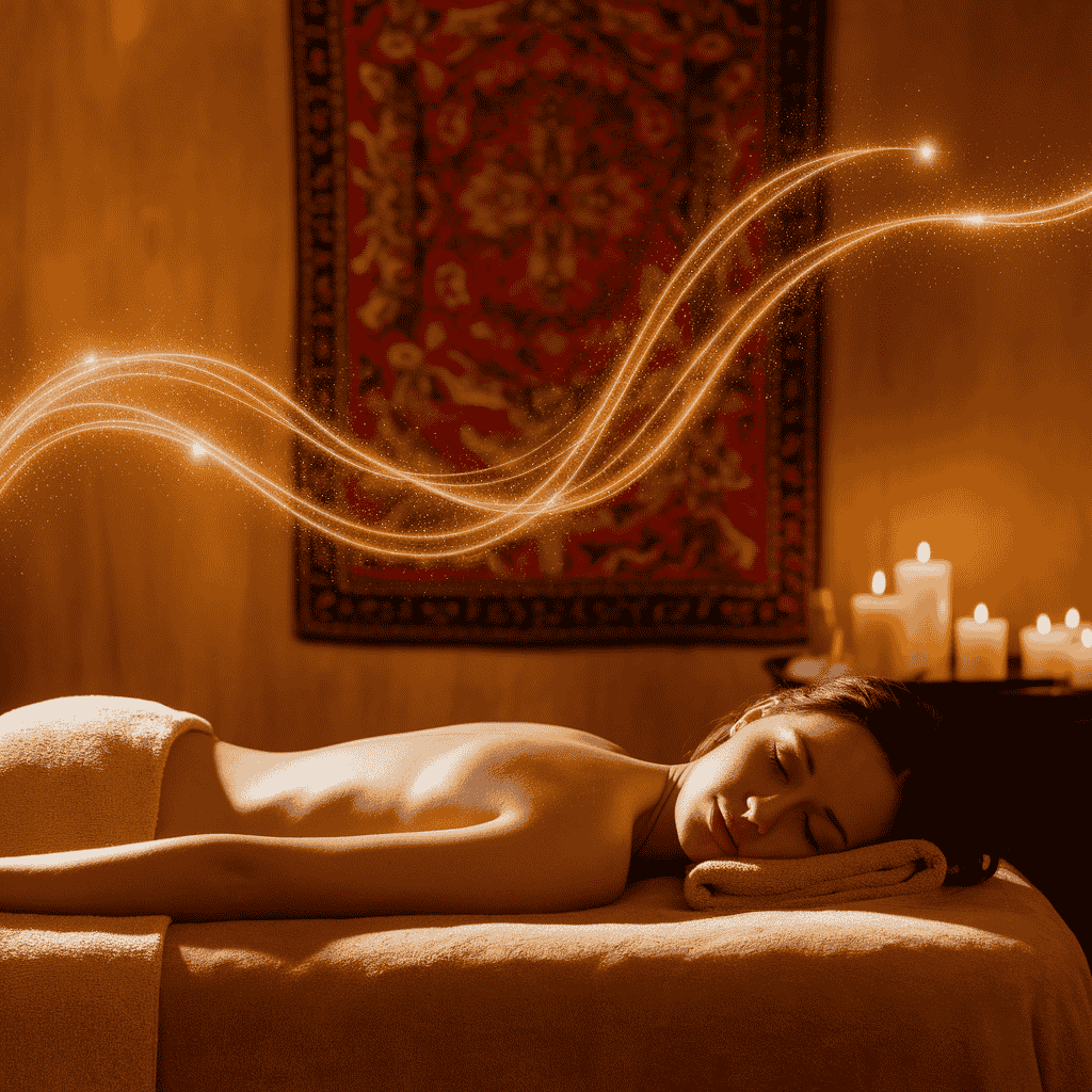 Woman receiving an aromatherapy massage with artistic scent trails symbolizing therapeutic aroma in motion.