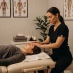 Therapist gently performing craniosacral therapy on a relaxed client lying on a massage table in a calming treatment room.