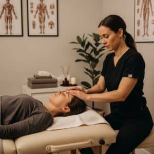 Therapist gently performing craniosacral therapy on a relaxed client lying on a massage table in a calming treatment room.