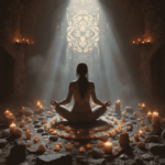 Woman in meditation posture practicing crystal-infused Reiki for reiki and energy healing