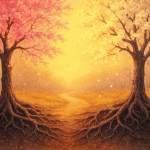 Two mature trees, one with pink blossoms and one with white, stand side by side with their roots intertwined underground, petals drifting gently between them under warm golden-hour sunlight on a misty path.