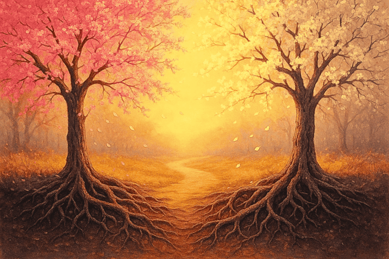 Two mature trees, one with pink blossoms and one with white, stand side by side with their roots intertwined underground, petals drifting gently between them under warm golden-hour sunlight on a misty path.