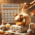 Golden piggy bank wrapped in a white towel receiving a massage in a peaceful spa setting, symbolizing savings on massage therapy packages in Olympia, WA.
