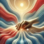 Artistic illustration of a healing hand radiating soothing energy in red, white, and blue tones, symbolizing holiday weekend stress relief through massage therapy in Olympia, WA.