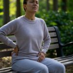 Person holding hip in discomfort, set in a serene Olympia, WA landscape, symbolizing hip and low back pain relief through massage therapy at Reiki Massage Metaphysical Healing Service.