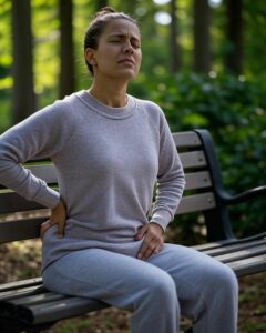 Person holding hip in discomfort, set in a serene Olympia, WA landscape, symbolizing hip and low back pain relief through massage therapy at Reiki Massage Metaphysical Healing Service.