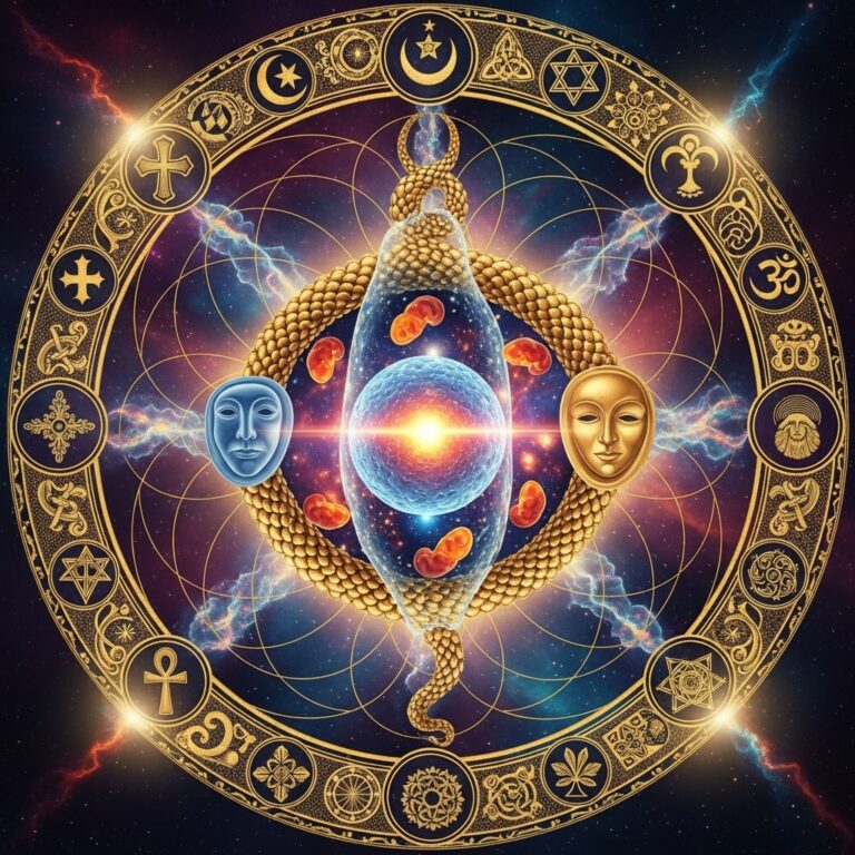 Sacred alchemy mandala with ouroboros, cosmic energy sphere, golden and blue faces, and universal spiritual symbols — symbolizing healing and transformation.