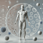 Human anatomical figure surrounded by cellular and energetic patterns, representing the integration of physiology and biofield energy in holistic bodywork and Reiki-infused massage therapy.