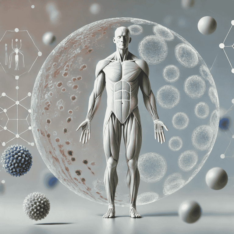 Human anatomical figure surrounded by cellular and energetic patterns, representing the integration of physiology and biofield energy in holistic bodywork and Reiki-infused massage therapy.