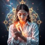 Woman channeling healing energy through her hands with a glowing light and geometric mandala background, representing the body’s natural healing intelligence.