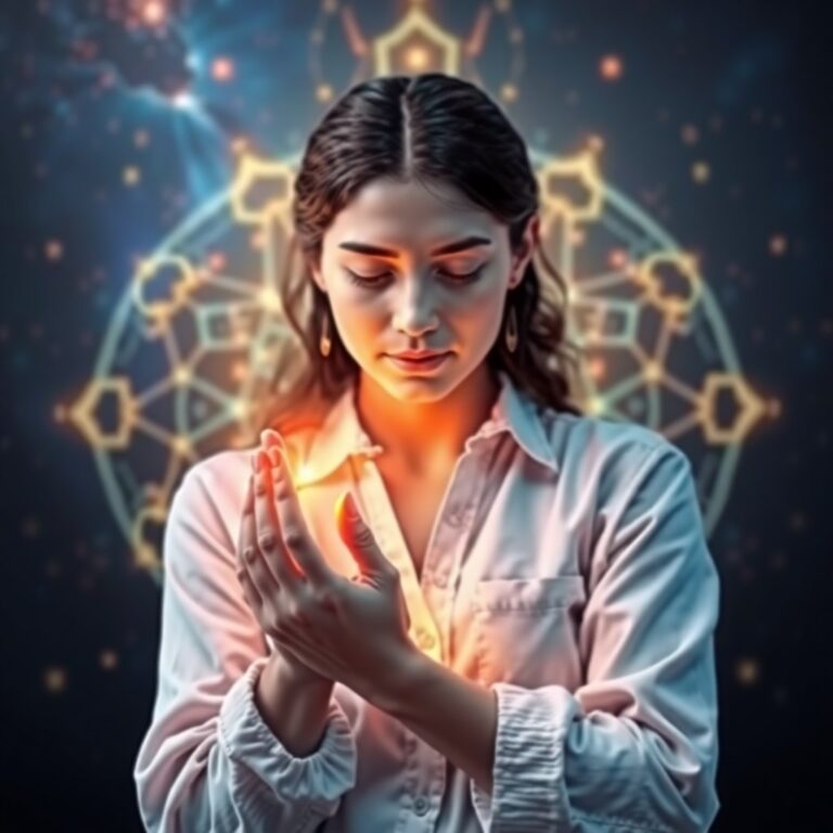 Woman channeling healing energy through her hands with a glowing light and geometric mandala background, representing the body’s natural healing intelligence.
