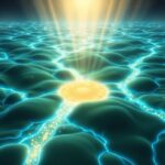 Abstract luminous network representing lymphatic flow, with glowing golden energy streams moving through soft green terrain toward a radiant central source, symbolizing detoxification and vitality.