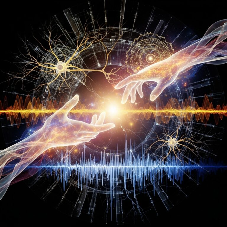 Metaphorical visualization of intuitive energy and bodywork showing two luminous hands reaching toward each other through waves of light, neural energy, and vibration, symbolizing connection between body, mind, and energy fields.