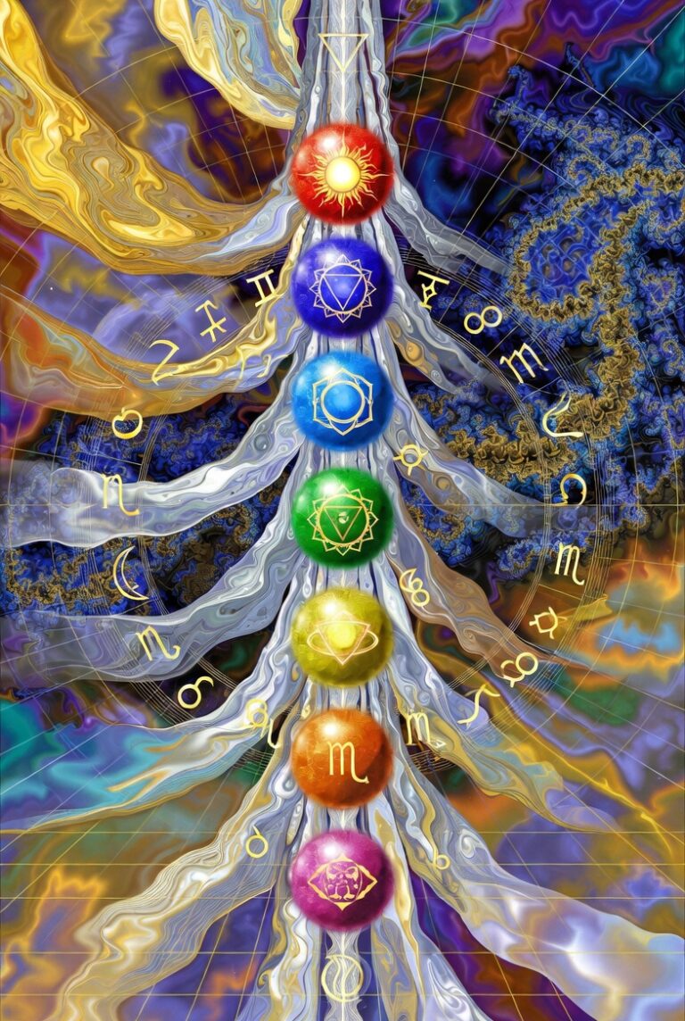 Abstract chakra alignment artwork representing Reiki massage, therapeutic touch, and stress regulation through nervous system balance