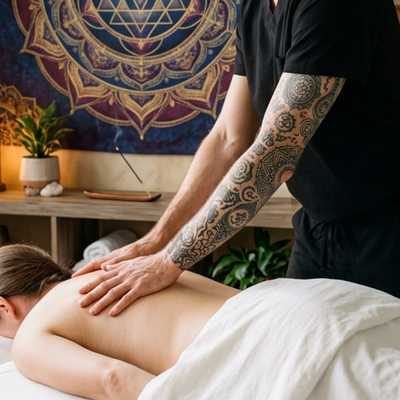A Reiki massage therapist places hands with intention on the client’s back—combining therapeutic massage with energy healing to restore balance, reduce tension, and promote holistic wellness in Olympia WA.